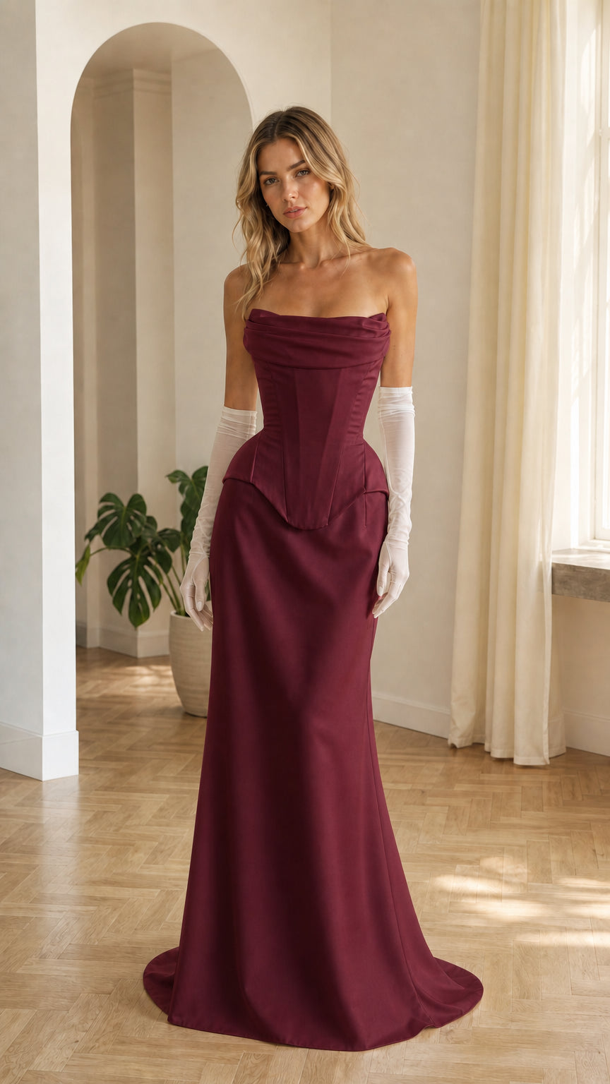 Front view of woman wearing burgundy strapless corset maxi dress with matching gloves