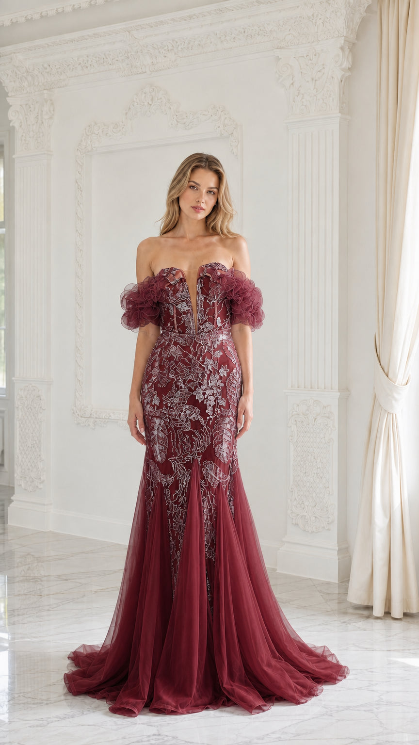 Burgundy color variant of the evening dress