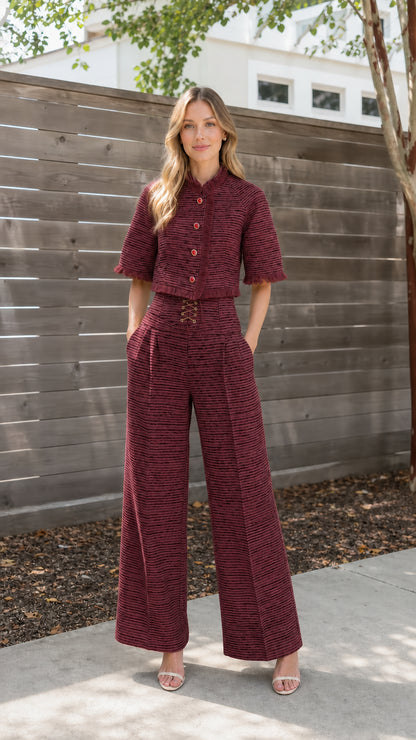 Front full view of burgundy tweed two-piece set
