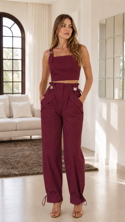Front view of model wearing Burgundy matching set