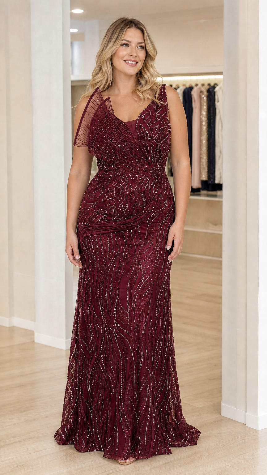 Burgundy wine sequin embellished evening dress with pleated shoulder