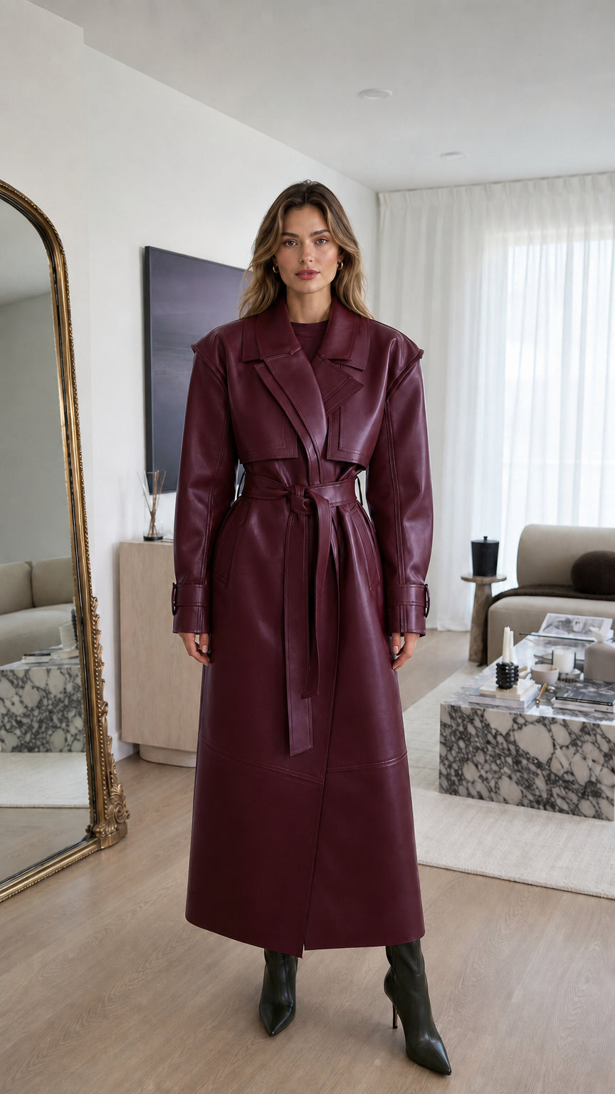 Front view of woman wearing burgundy faux leather trench coat