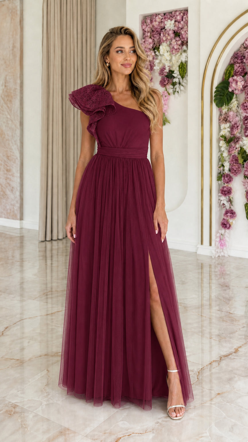 Front view of burgundy one-shoulder lace ruffle tulle maxi dress