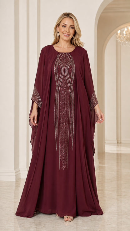 Burgundy wine rhinestone cape maxi gown front view