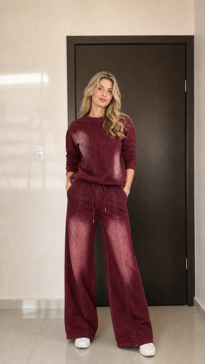 Model wearing the Burgundy wine red acid wash wide-leg loungewear set