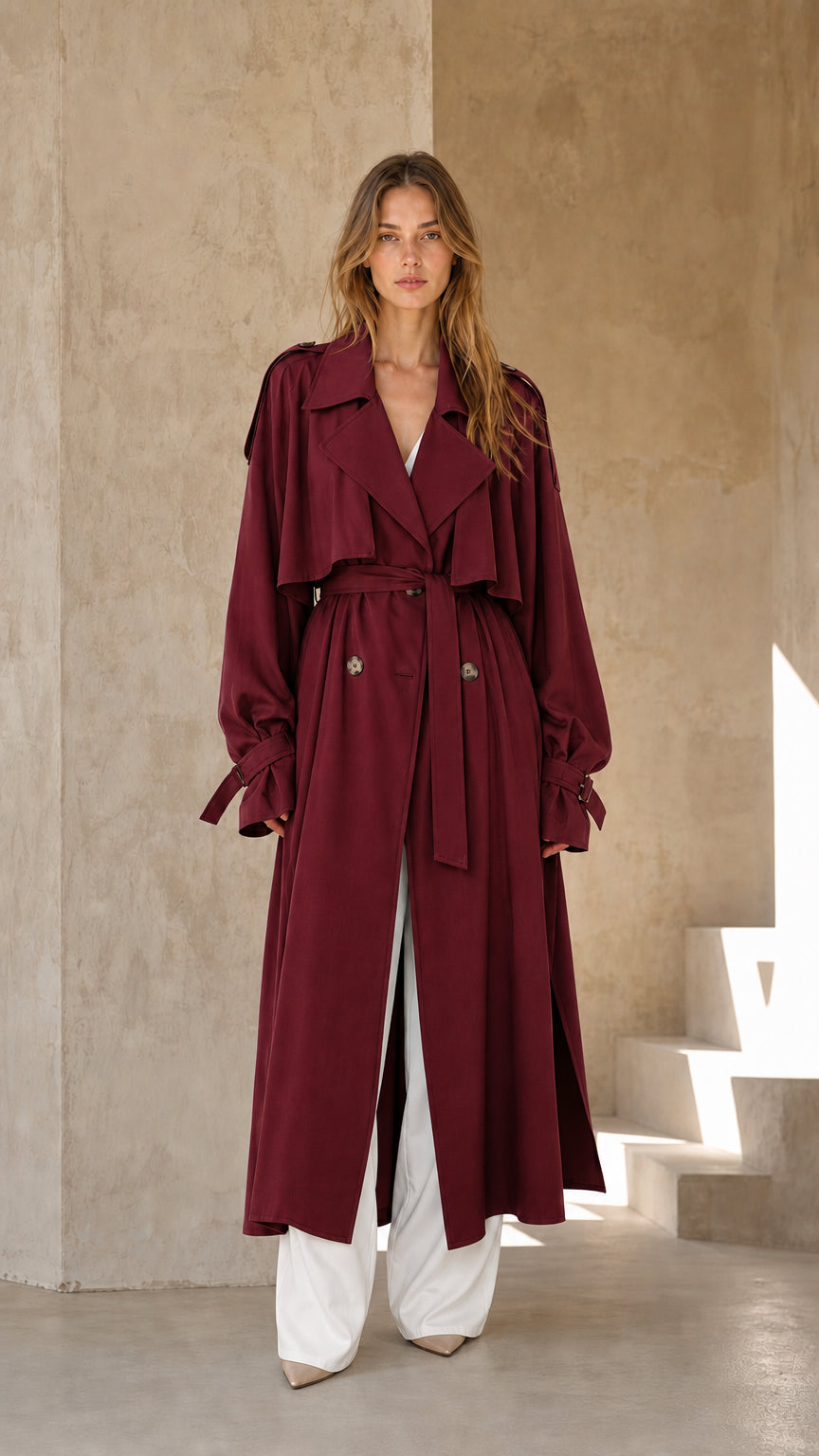 Woman wearing burgundy long trench coat