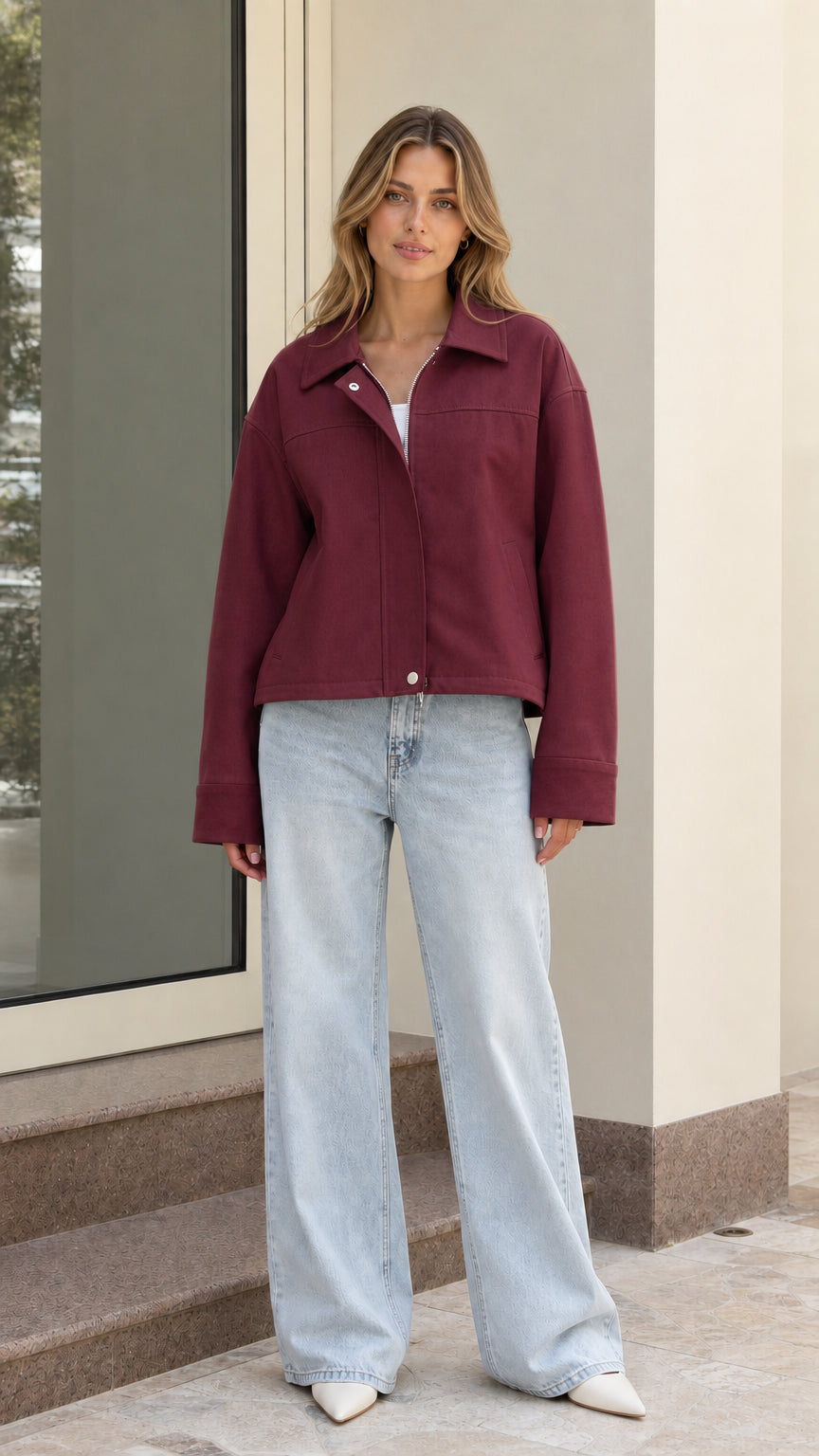 Model wearing burgundy red cropped zip-up jacket paired with wide-leg jeans
