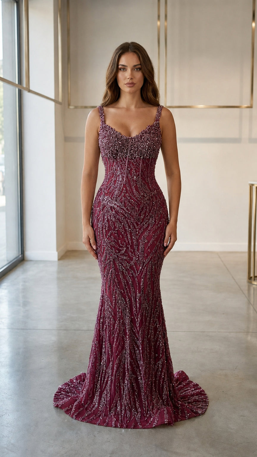 Front view of burgundy beaded evening dress