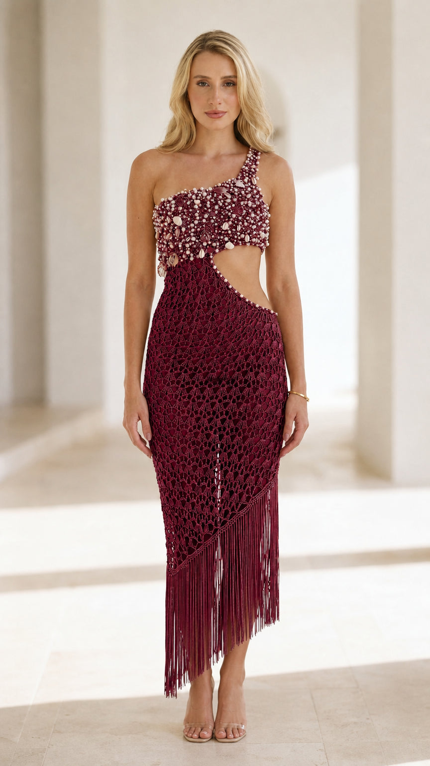 Burgundy wine red one-shoulder beaded crochet cut-out fringe maxi dress