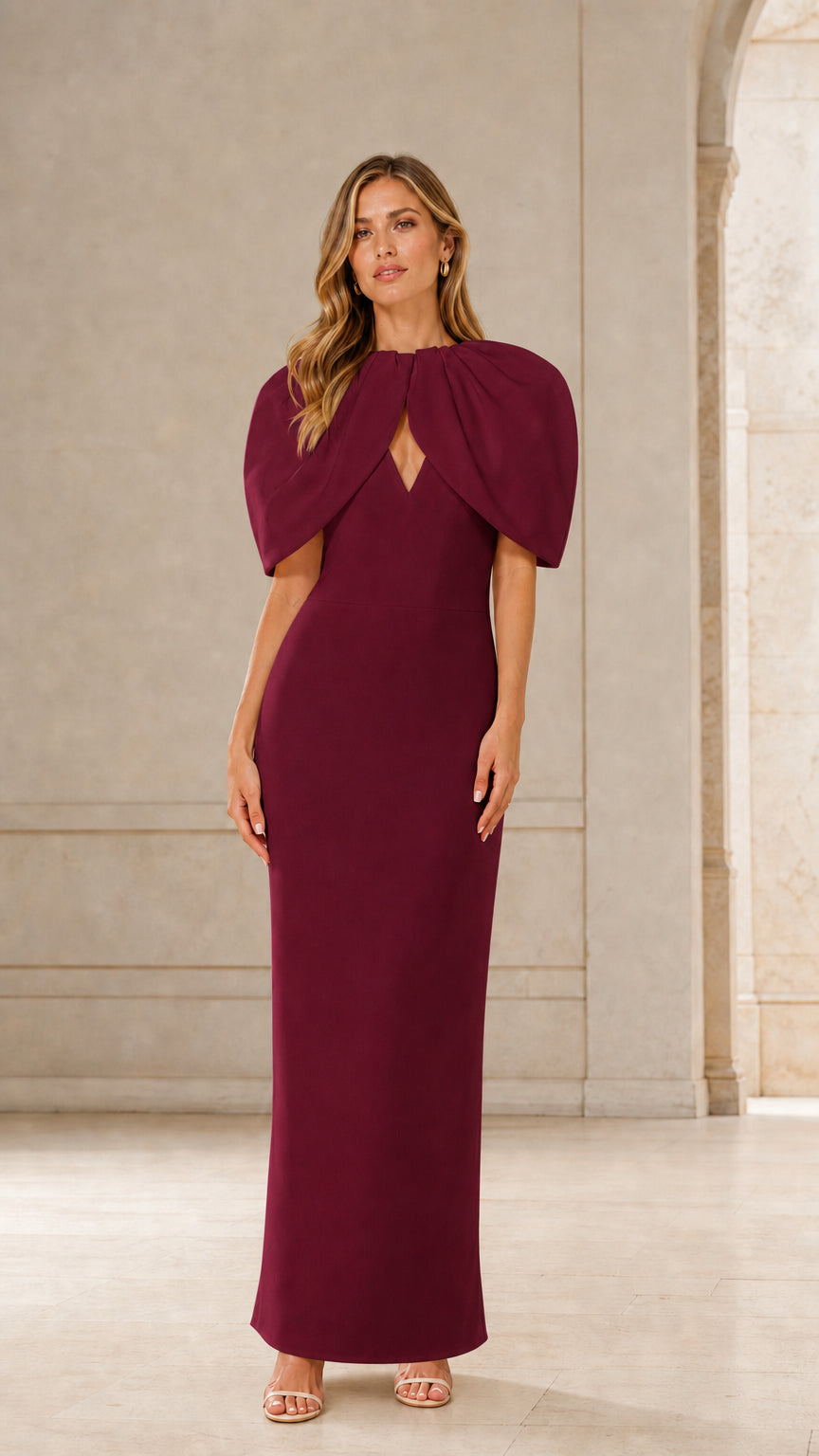 Full-length front view of burgundy color variant