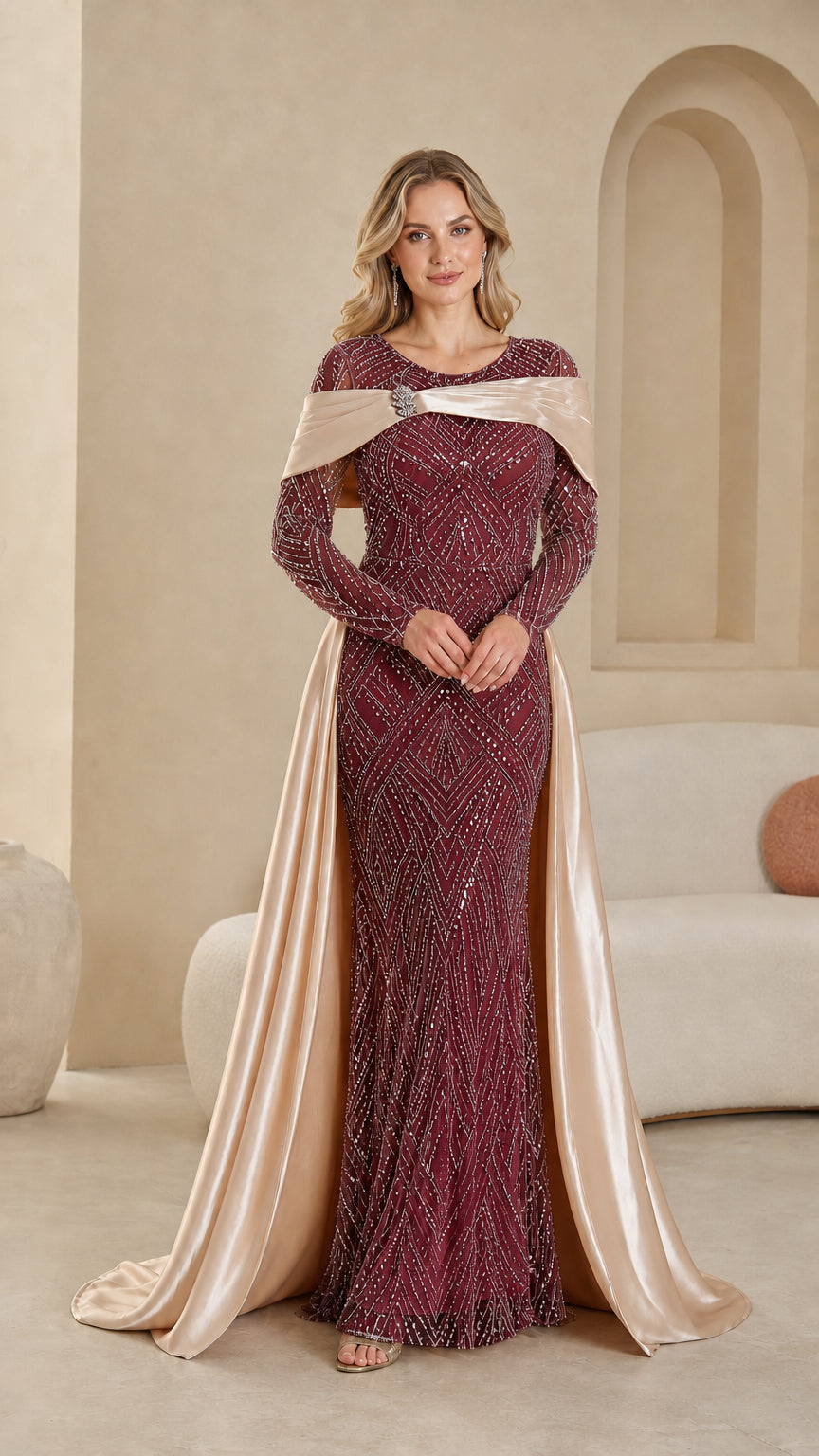 Burgundy sequin long sleeve evening gown with champagne satin accent