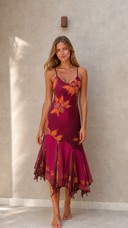 Front full view of Burgundy Pink floral midi slip dress