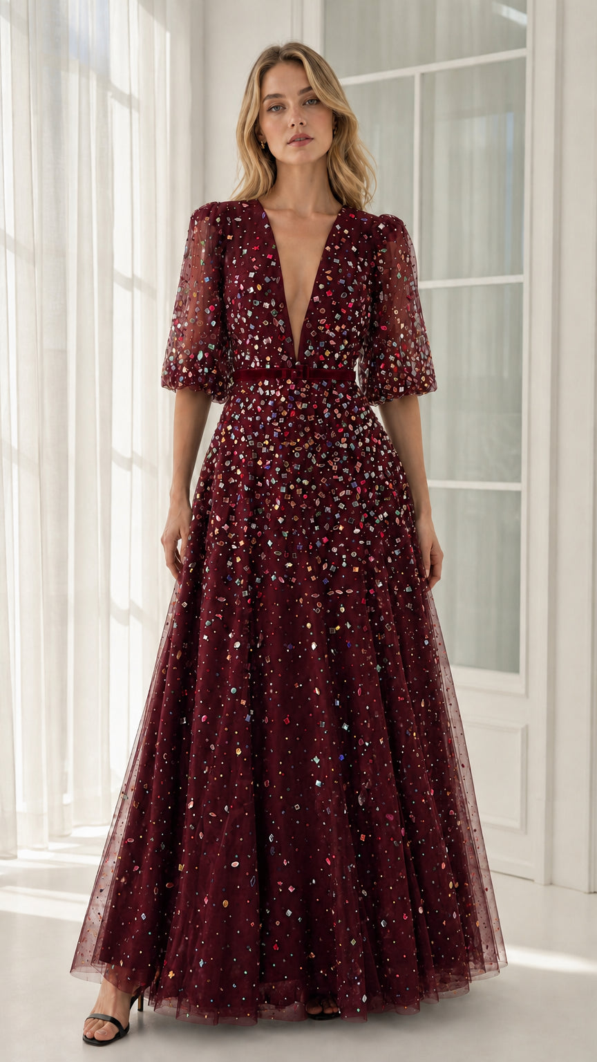 Front view of burgundy crystal-embellished tulle evening gown