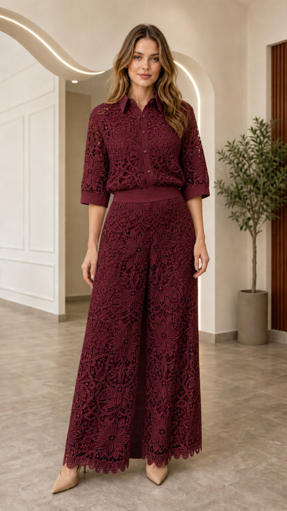 Burgundy wine lace button-up shirt and wide-leg trousers two-piece set