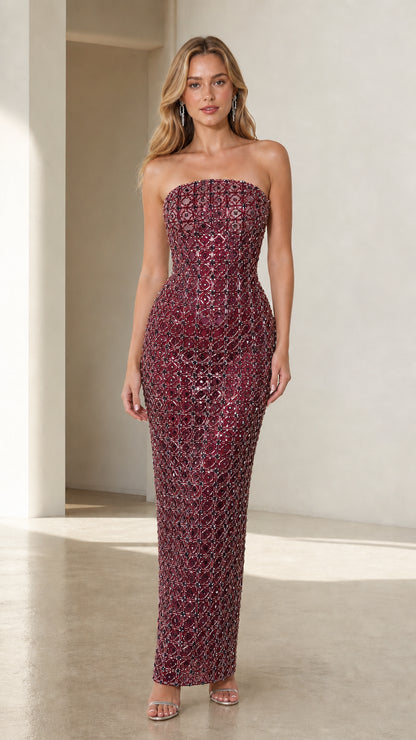 Front view of burgundy beaded evening party dress