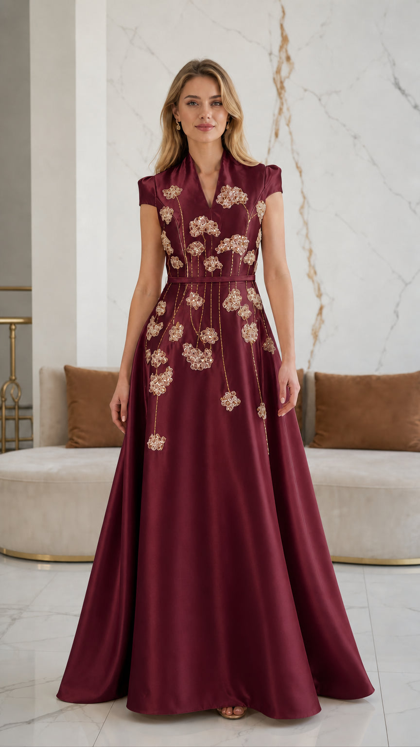Model wearing burgundy wine satin embroidered floor-length formal gown