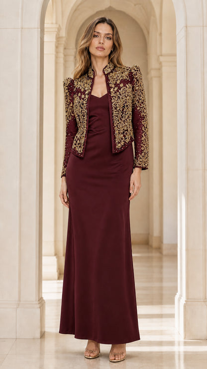 Burgundy evening gown with embellished bolero jacket