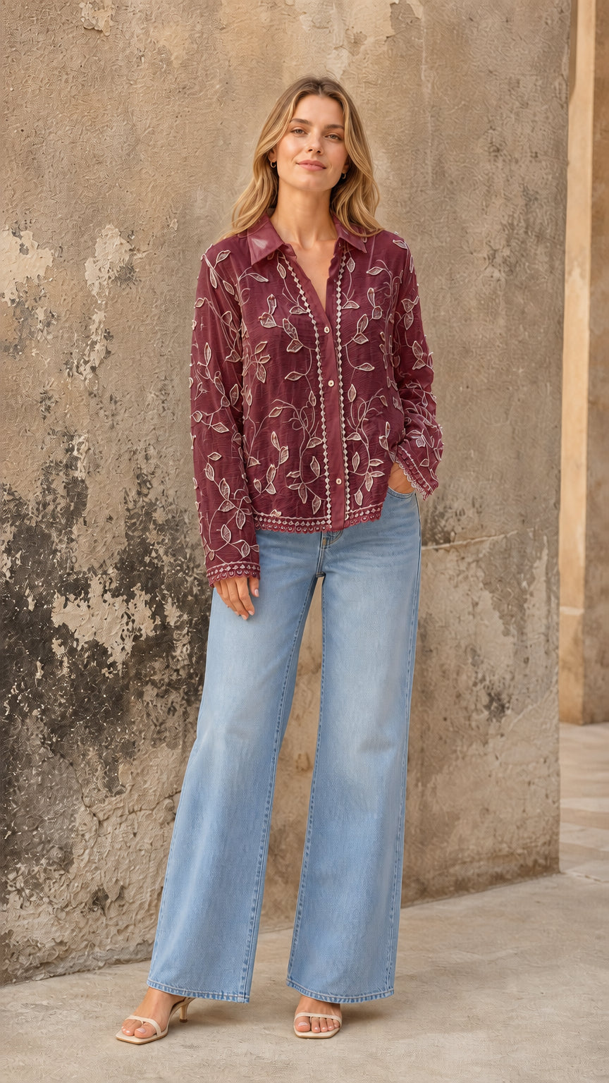 Burgundy embroidered floral blouse styled with light-wash denim