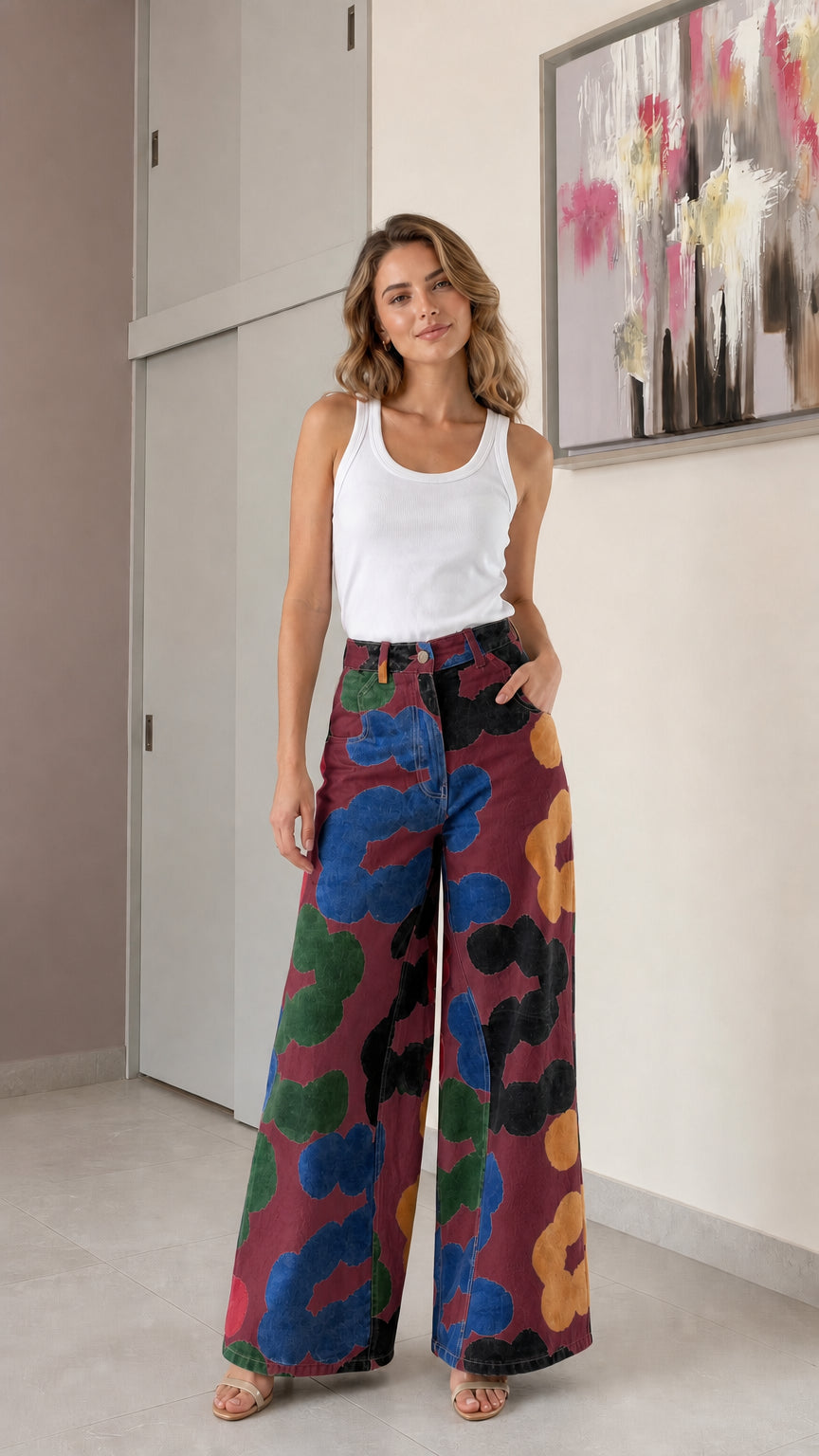 Woman wearing burgundy background floral wide-leg denim jeans