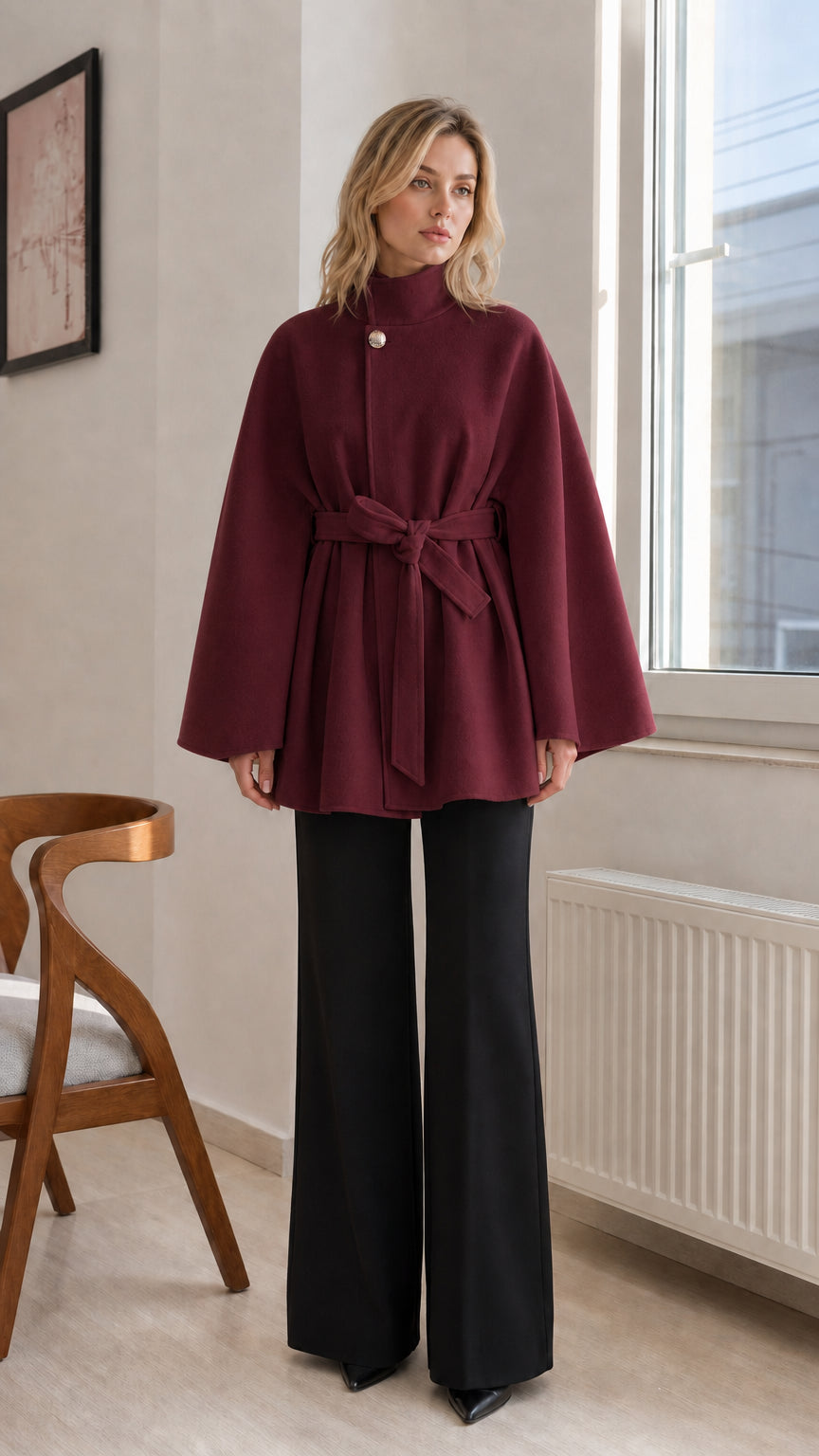 Burgundy wine belted cape coat with high stand collar and waist tie