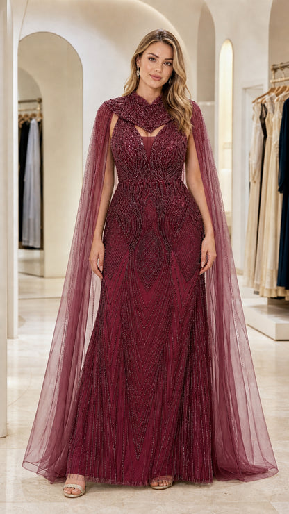 Burgundy wine embellished cape gown for formal galas and black-tie events