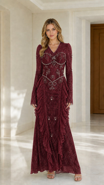 Burgundy Lace Crystal Embellished Long Sleeve Evening Dress