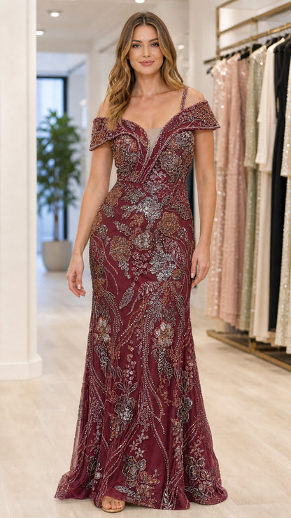 Burgundy embellished mermaid evening gown with off-shoulder sleeves, front view