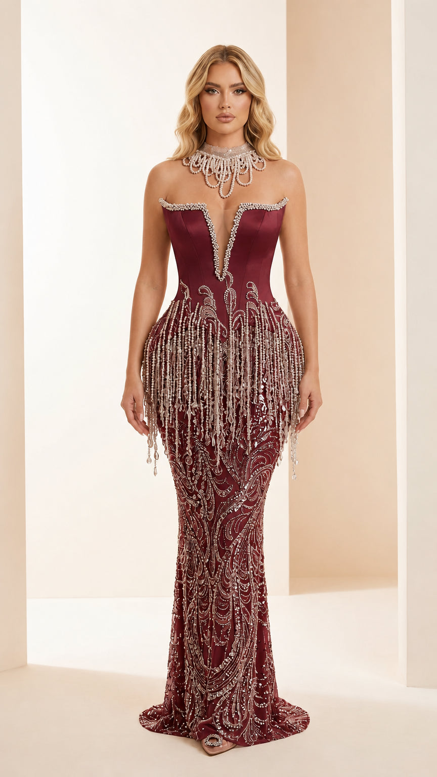 Front view of Burgundy color variant of the evening gown