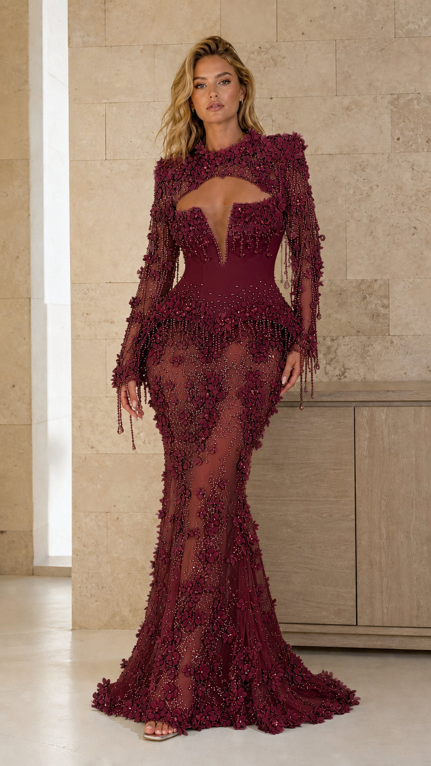 Front view of burgundy variant of the evening gown