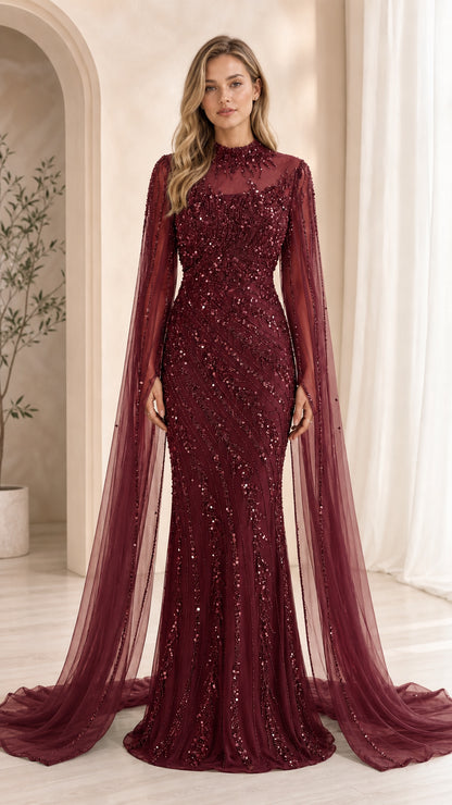 Burgundy variant of the sequin evening gown with cape