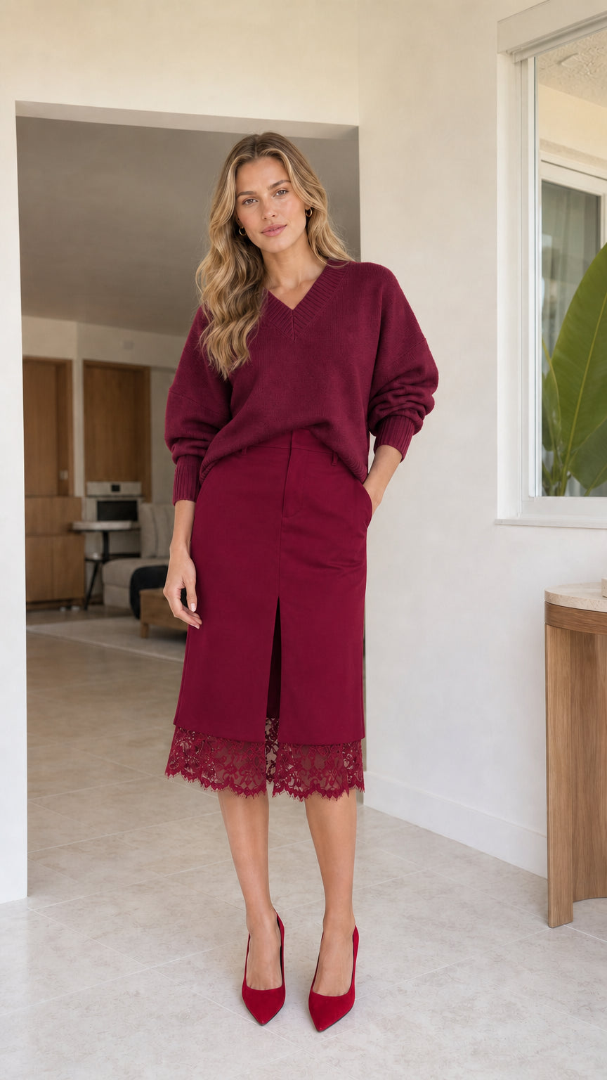 Model wearing burgundy monochrome outfit featuring burgundy lace hem midi skirt and matching wine knit sweater