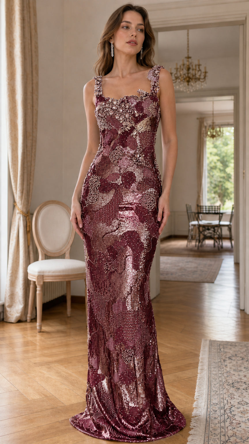 Burgundy color variant of the sequined evening maxi dress