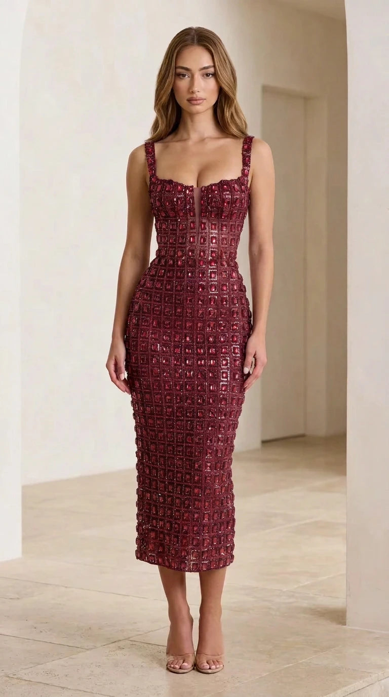 Model wearing burgundy jewel-encrusted dress