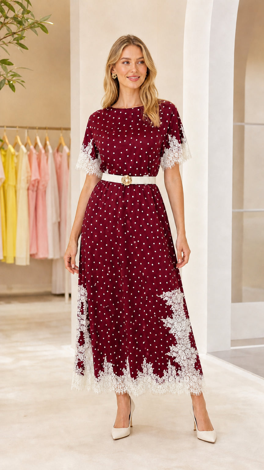 Burgundy polka dot midi dress with belt