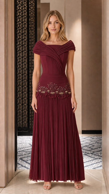Front view of burgundy pleated formal evening dress