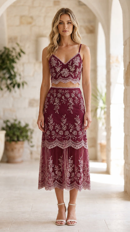 Embroidered lace two-piece midi set in burgundy