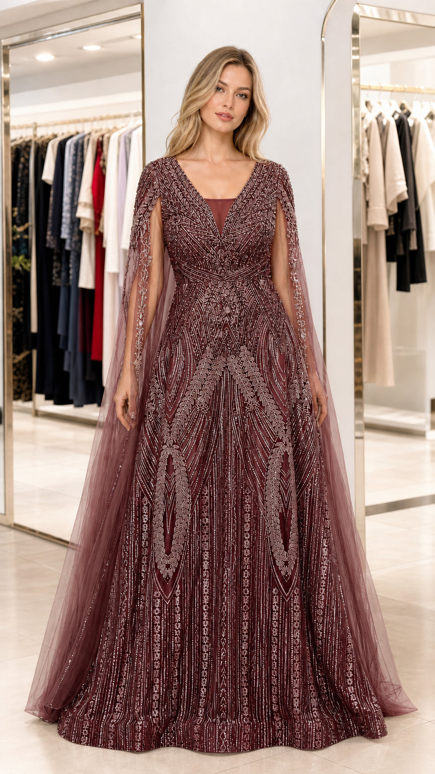 Front view of deep burgundy sequin evening dress with floor-length cape