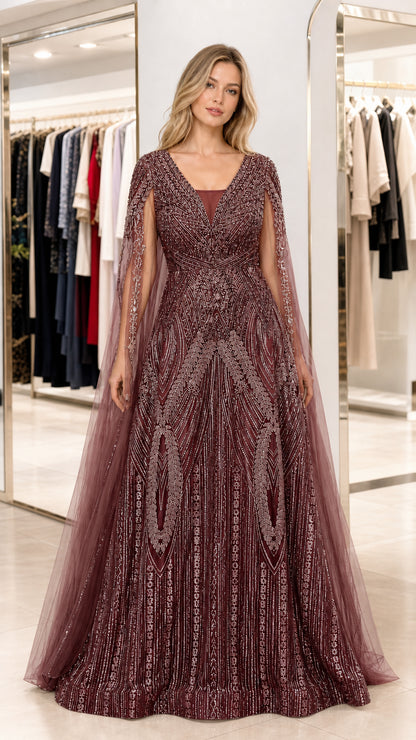 Front view of deep burgundy sequin evening dress with floor-length cape