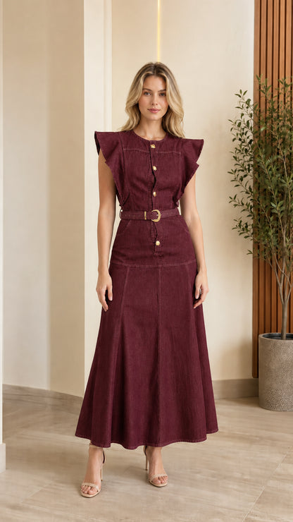 Woman wearing Burgundy flutter sleeve belted denim maxi dress
