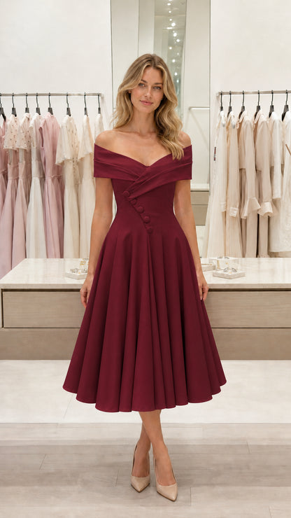 Front view of burgundy off-shoulder pleated midi dress
