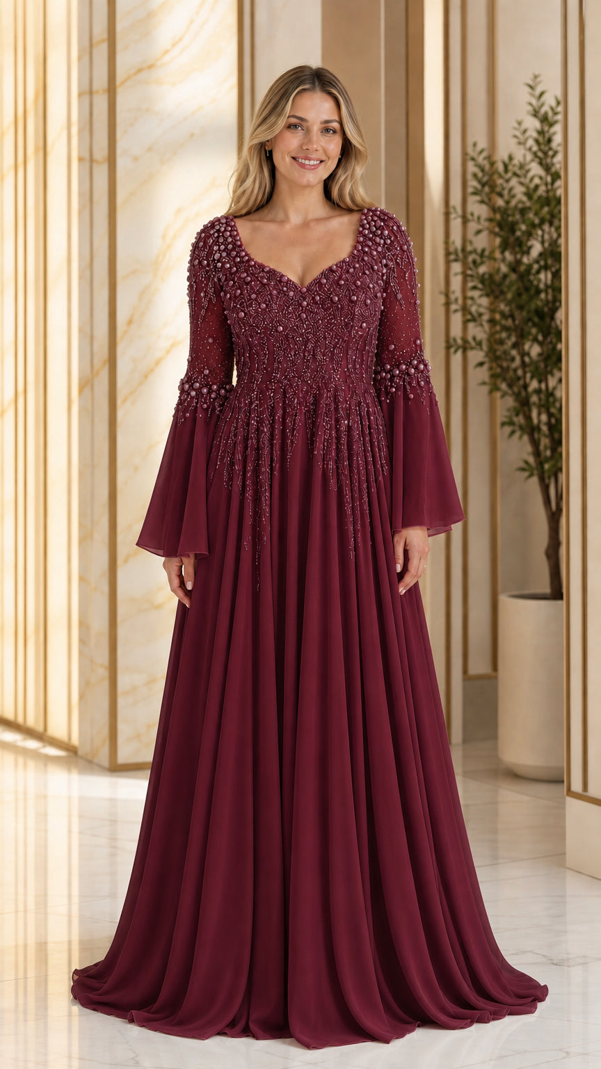 Burgundy wine beaded bell sleeve formal evening dress for galas