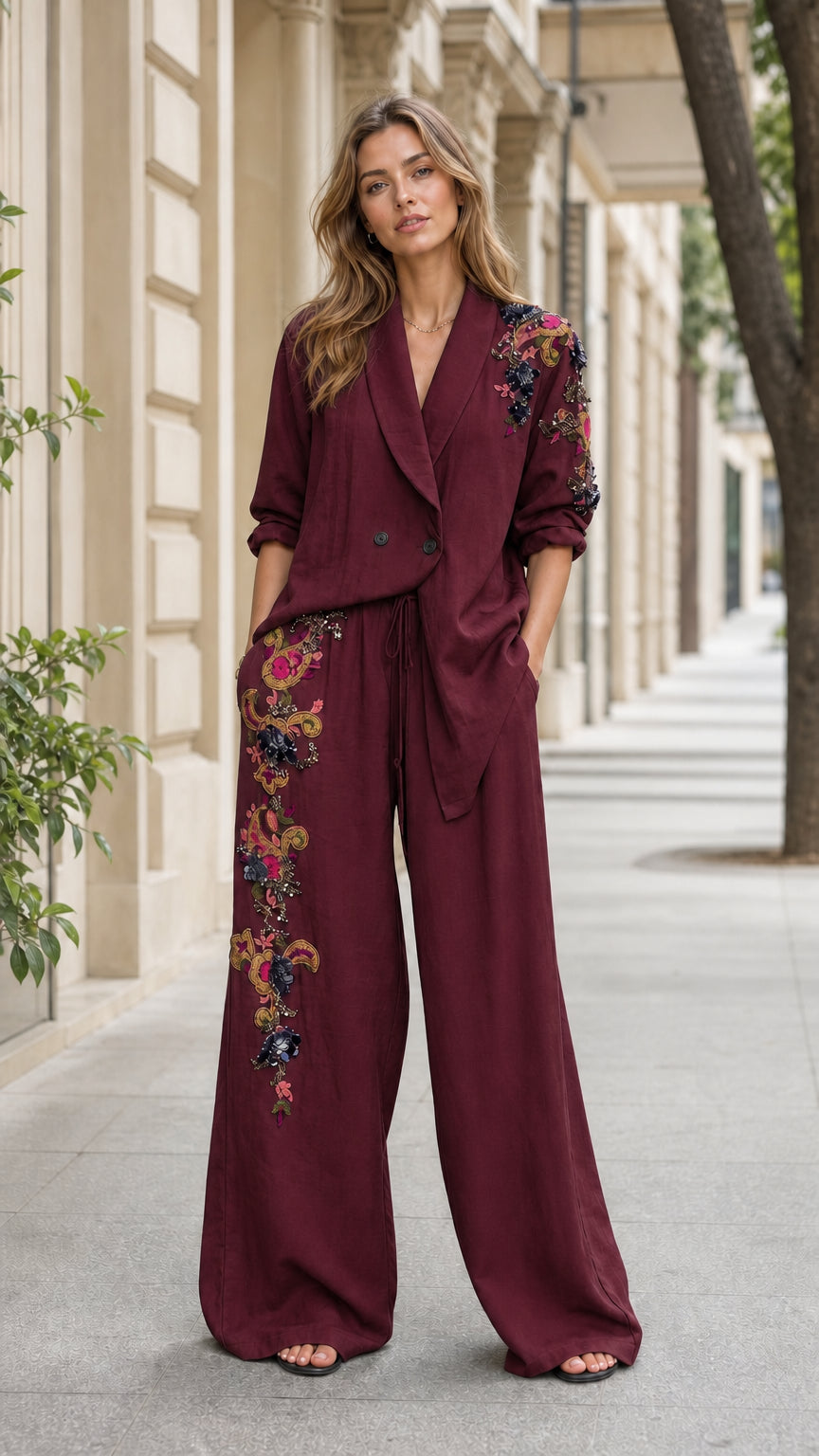 Front view of woman wearing burgundy embroidered blazer and wide-leg pants set