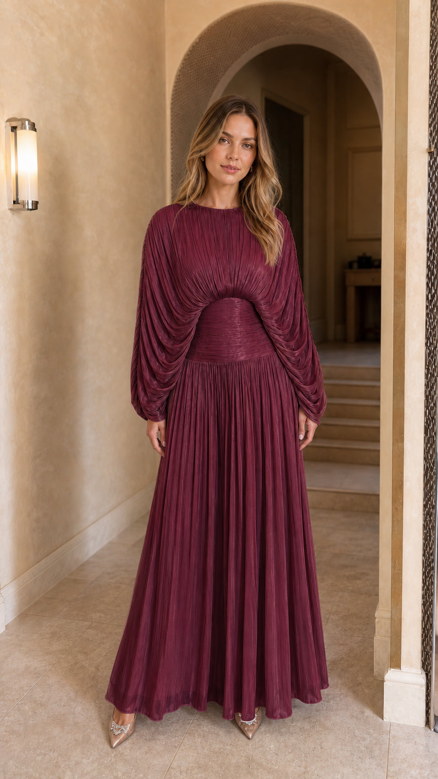Front view of the burgundy color variant maxi dress