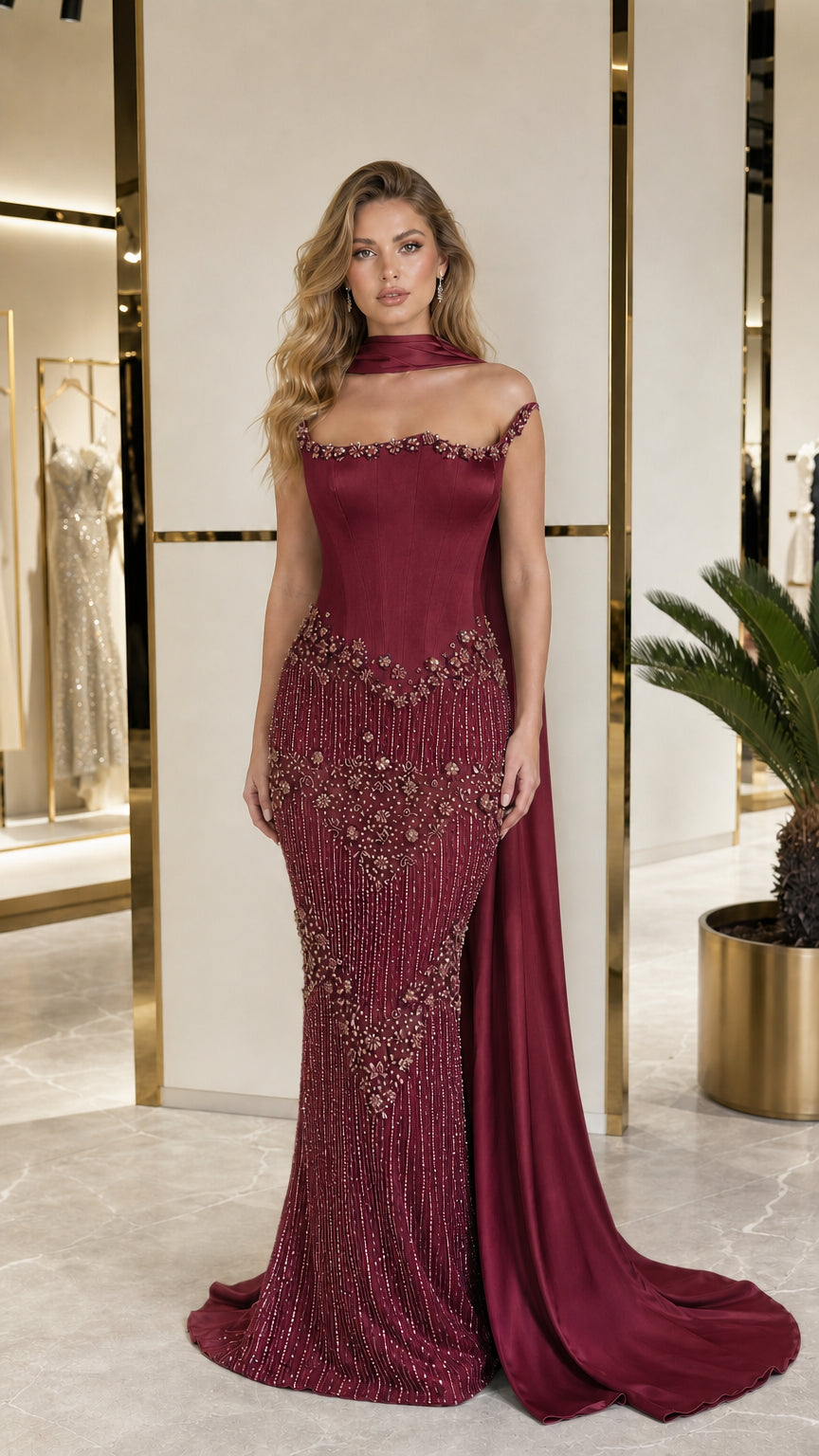 Burgundy color variant of beaded mermaid evening gown