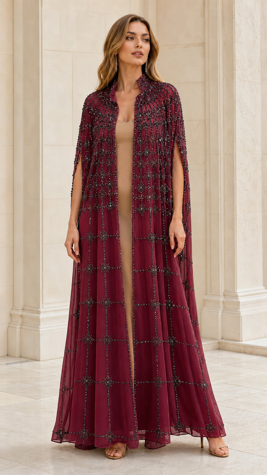 Front view of burgundy embellished evening cape and gown set