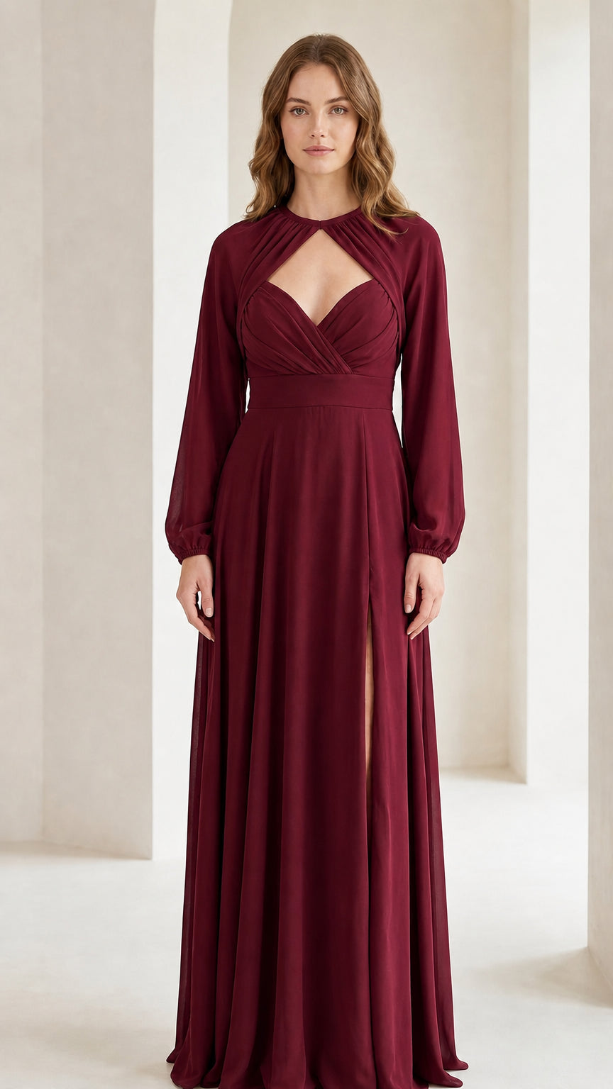 Front view of burgundy long sleeve cutout maxi dress