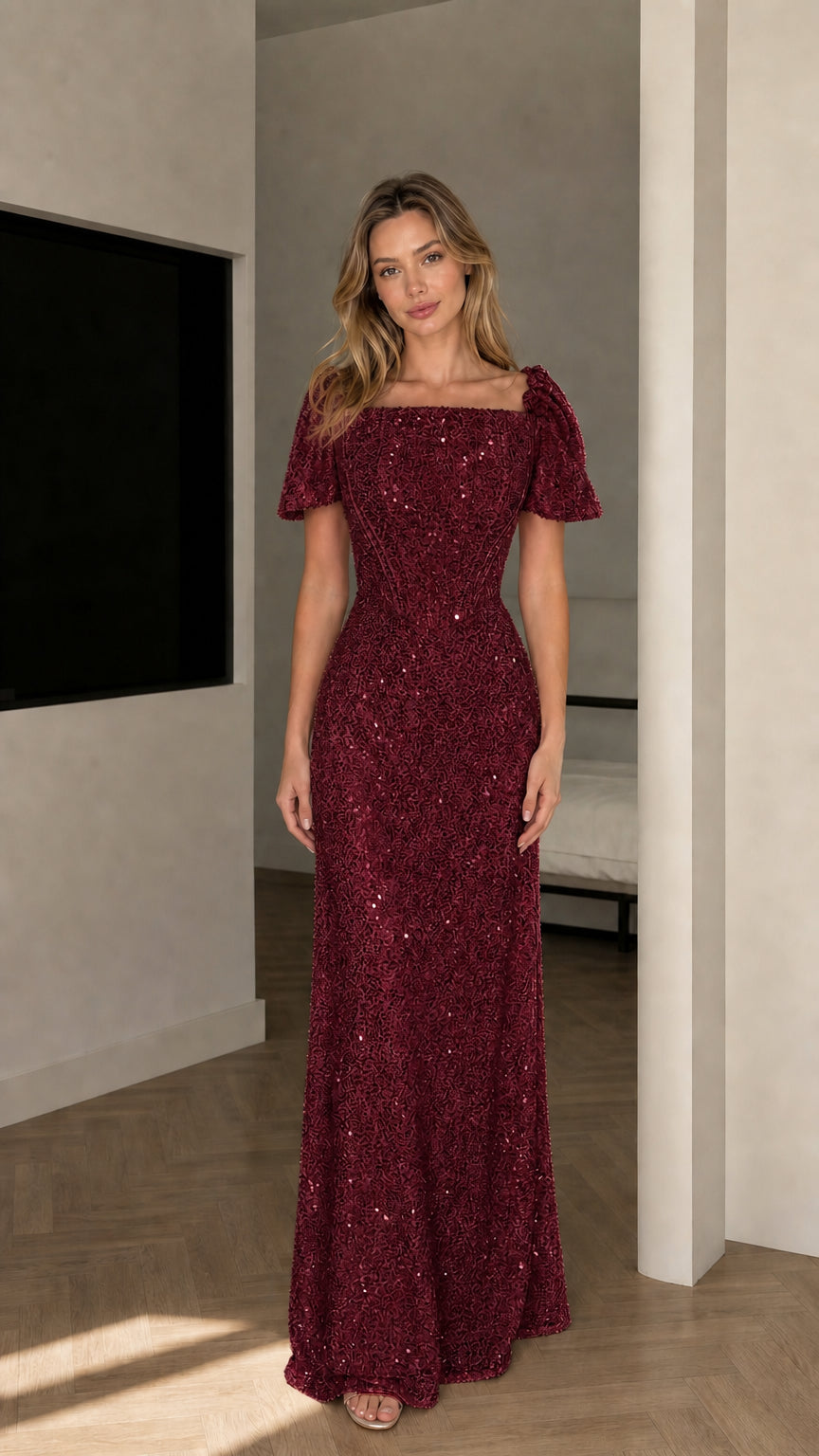 Front view of model wearing Burgundy wine sequin corset maxi gown