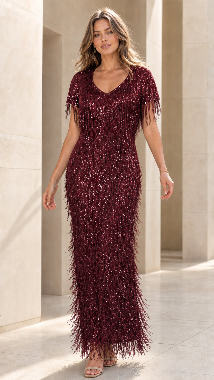 Model wearing burgundy sequin fringe evening dress