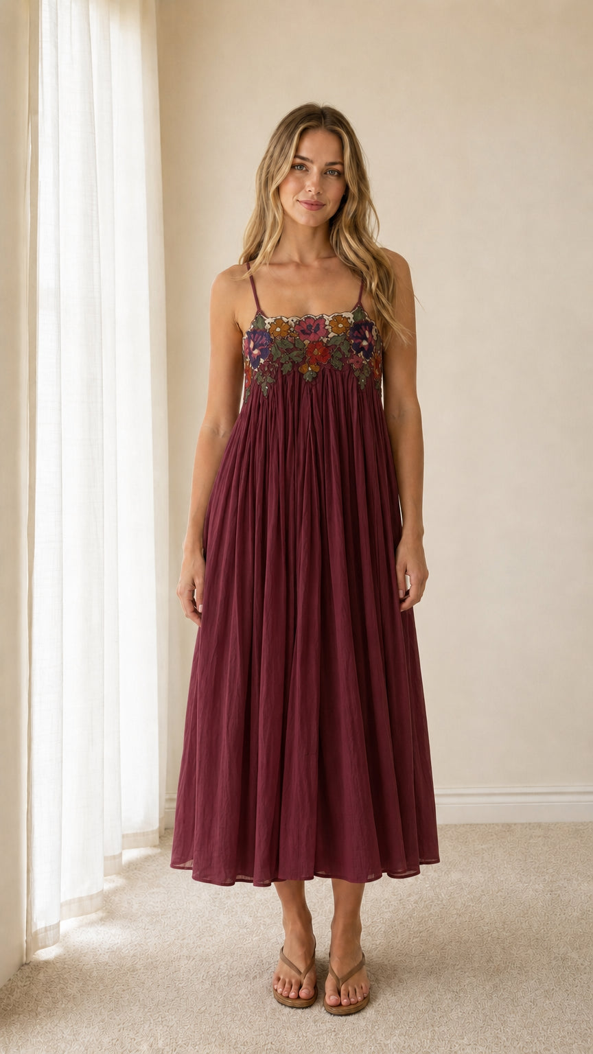 Front view of burgundy embroidered floral midi camisole dress
