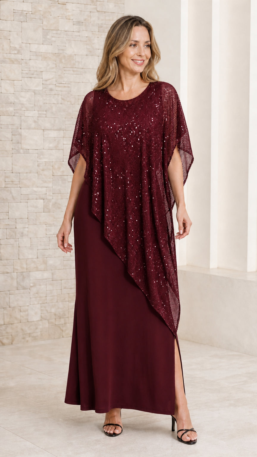 Front view of model in burgundy wine maxi dress with matching sequined capelet overlay